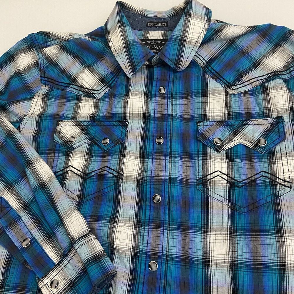 Cody James Regular Fit Western Shirt Men's M‎ Blue Plaid Sawtooth Pockets